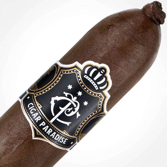 Cigar Paradise Maduro Bullet 60x4.5 house blend cigar close-up showing Habano Maduro wrapper, figurado shape, pigtail cap, and cigar band