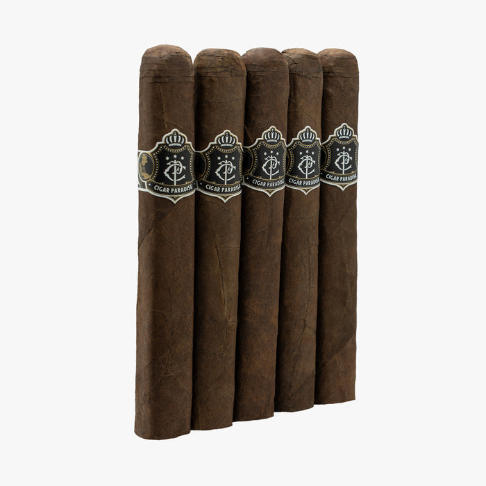 Cigar Paradise Maduro Toro Box Pressed 54x6.5 five-pack presentation featuring five premium cigars with Maduro wrappers and signature Cigar Paradise bands.
