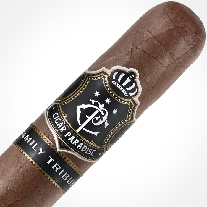 Cigar Paradise Family Tribute Rare Corojo Robusto 50x5 house blend cigar close-up showing Rare Corojo wrapper and cigar band.