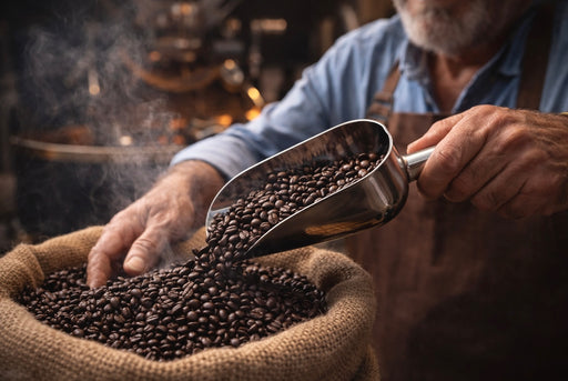 Person hand scoping roasted coffee beans into a burlap sack for Cigar Paradise House Coffee.