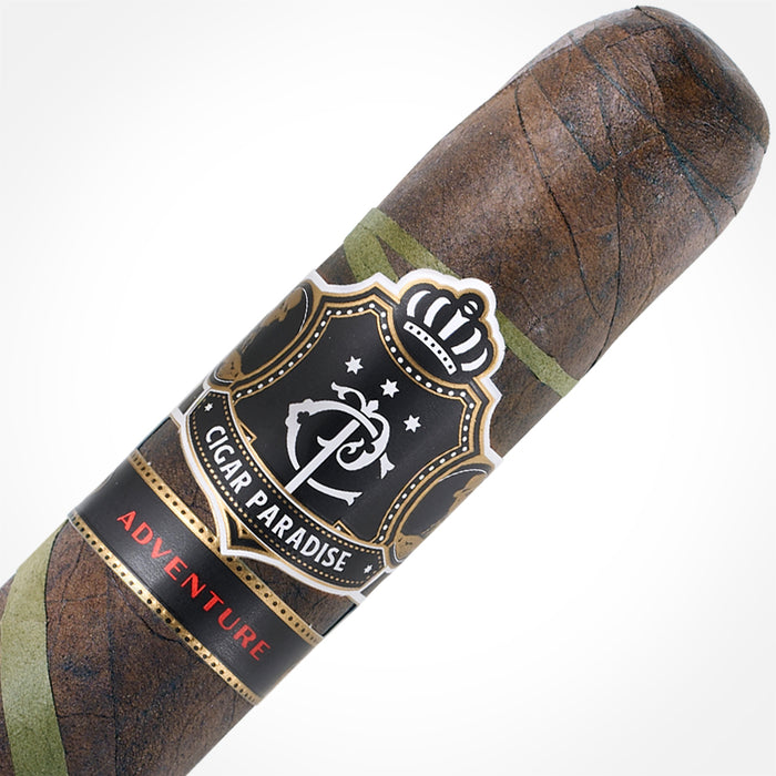 Cigar Paradise Adventure Dark Snake Robusto 52×5 house blend cigar close-up showing the dark Habano Maduro wrapper, thin green Candela spiral and Cigar Paradise band.