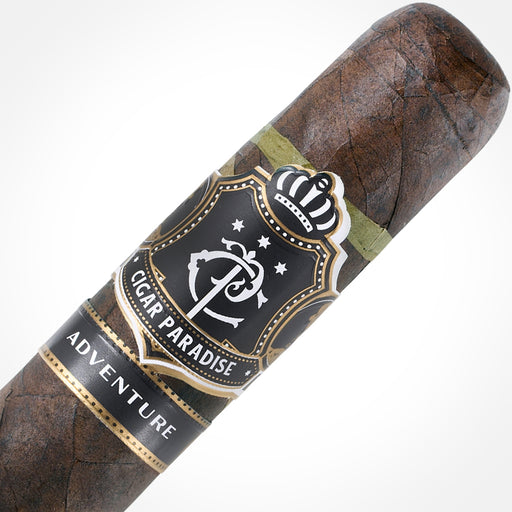 Cigar Paradise Adventure Dark Snake Sweet Tip Robusto 52×5 house blend cigar close-up showing the dark Habano Maduro wrapper, thin green Candela spiral and Cigar Paradise band.