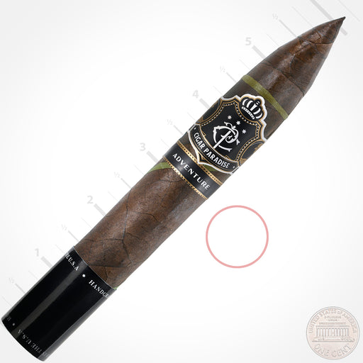 Cigar Paradise Adventure Dark Snake Sweet Tip Torpedo 52×6 house blend cigar featuring a distinctive pointed head, dark Habano Maduro wrapper, thin green Candela spiral and Cigar Paradise band.