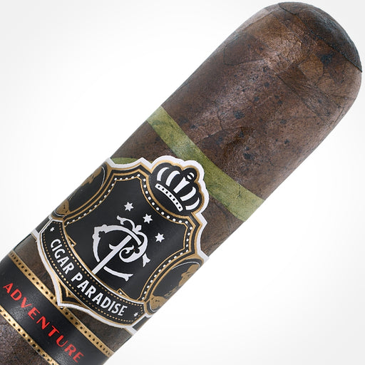 Cigar Paradise Adventure Dark Snake Toro 52×6 house blend cigar close-up showing the dark Habano Maduro wrapper, thin green Candela spiral and Cigar Paradise band.