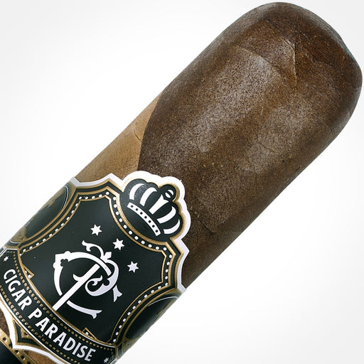 Cigar Paradise Adventure Double Wrapper Sweet Tip Big Daddy 60×6.5 house blend cigar close-up showing Habano Maduro and Connecticut barber pole wrappers and Cigar Paradise band.
