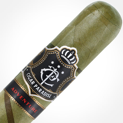 Cigar Paradise Adventure Snake Robusto 52×5 house blend cigar close-up showing the green Candela wrapper, thin Habano Maduro spiral and Cigar Paradise band.