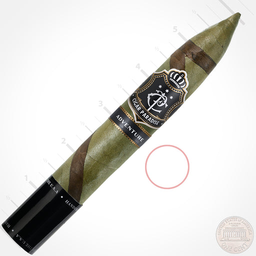 Cigar Paradise Adventure Snake Sweet Tip Torpedo 52×6 house blend cigar featuring a distinctive pointed head, green Candela wrapper, thin Habano Maduro spiral and Cigar Paradise band.