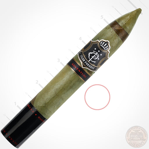 Cigar Paradise Adventure Snake Torpedo 52×6 house blend cigar featuring a distinctive pointed head, green Candela wrapper, thin Habano Maduro spiral and Cigar Paradise band.