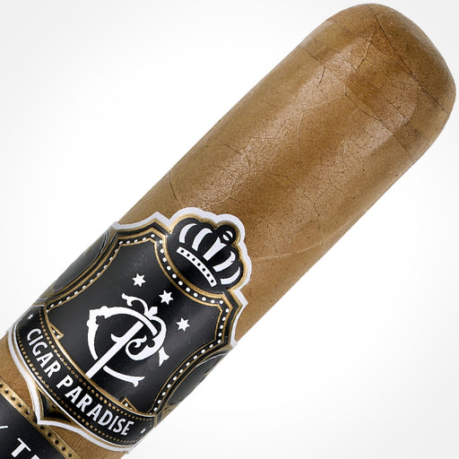 Cigar Paradise Family Tribute Connecticut Churchill 48x7 house blend cigar close-up showing Nicaraguan-grown Connecticut wrapper and cigar band.