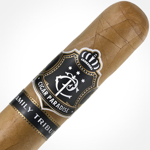 Cigar Paradise Family Tribute Connecticut Robusto 54x5 house blend cigar close-up showing Nicaraguan-grown Connecticut wrapper and cigar band.