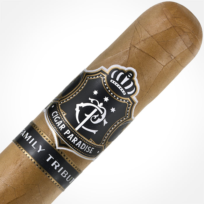 Cigar Paradise Family Tribute Connecticut Robusto 54x5 house blend cigar close-up showing Nicaraguan-grown Connecticut wrapper and cigar band.