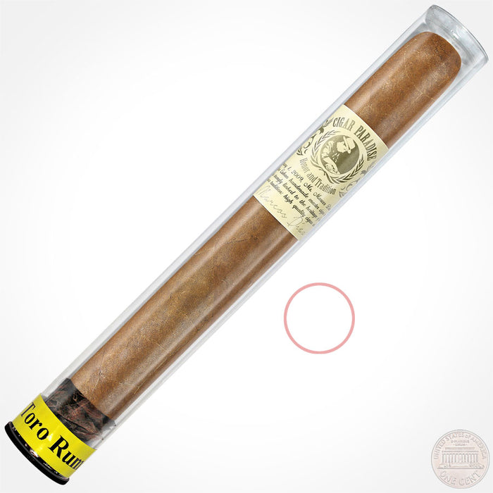 Cigar Paradise Sabores Toro Rum 54x6 cigar displayed inside a clear protective cigar tube with yellow Toro Rum label.