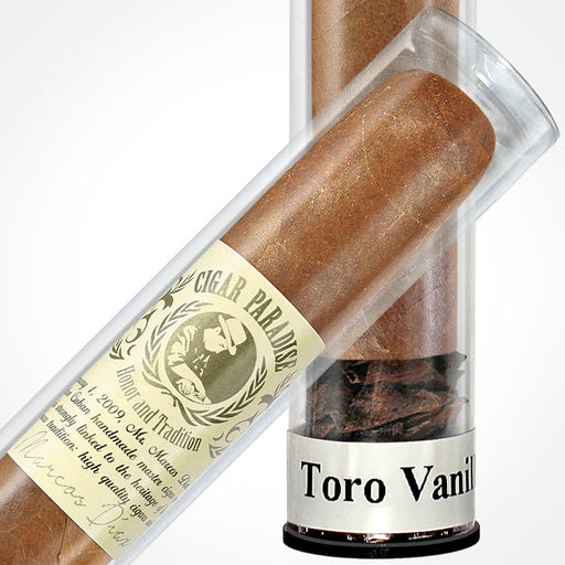 Cigar Paradise Sabores Toro Vanilla Bourbon 54x6 close-up inside a clear cigar tube, showing the tobacco wrapper, cigar band and Toro Vanilla Bourbon label.