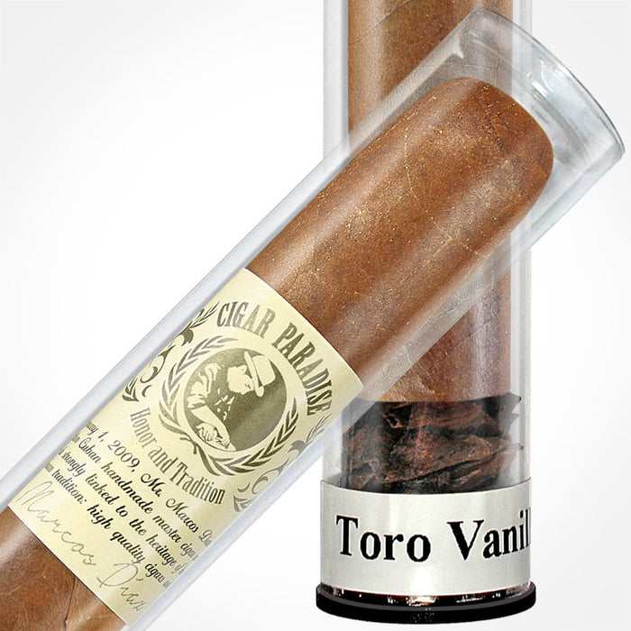 Cigar Paradise Sabores Toro Vanilla Bourbon 54x6 close-up inside a clear cigar tube, showing the tobacco wrapper, cigar band and Toro Vanilla Bourbon label.